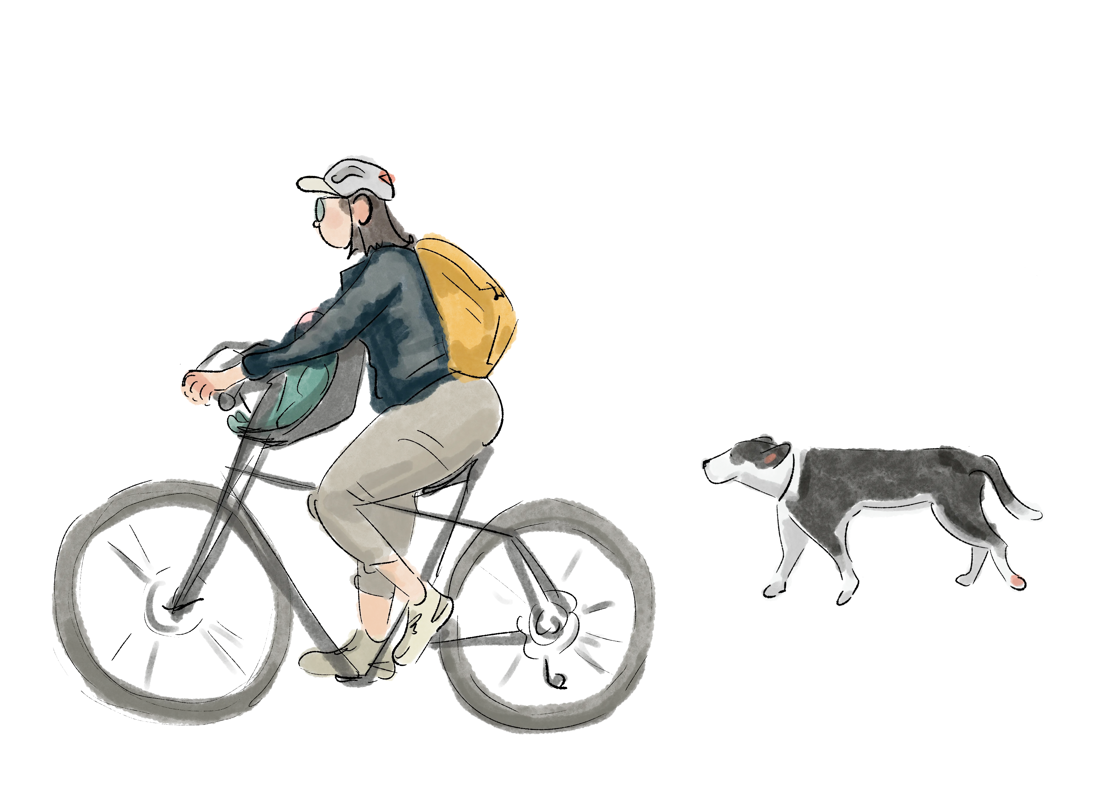 A mother on a bicycle with a baby carrier and a dog running alongside