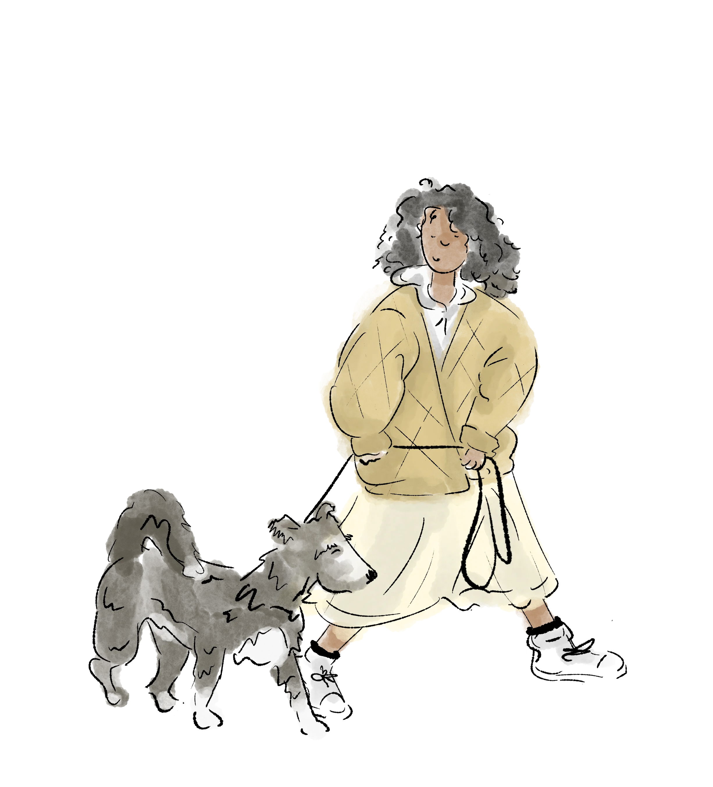 A stylish person walking a shaggy, chic dog