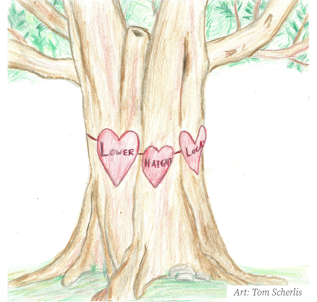 Illustration of a tree with hearts reading Lower Haight Local