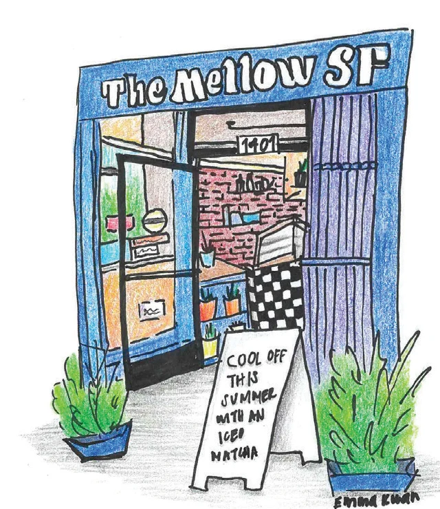 Hand-drawn blue entrance to The Mellow at 1401 Haight, with plants on either side.