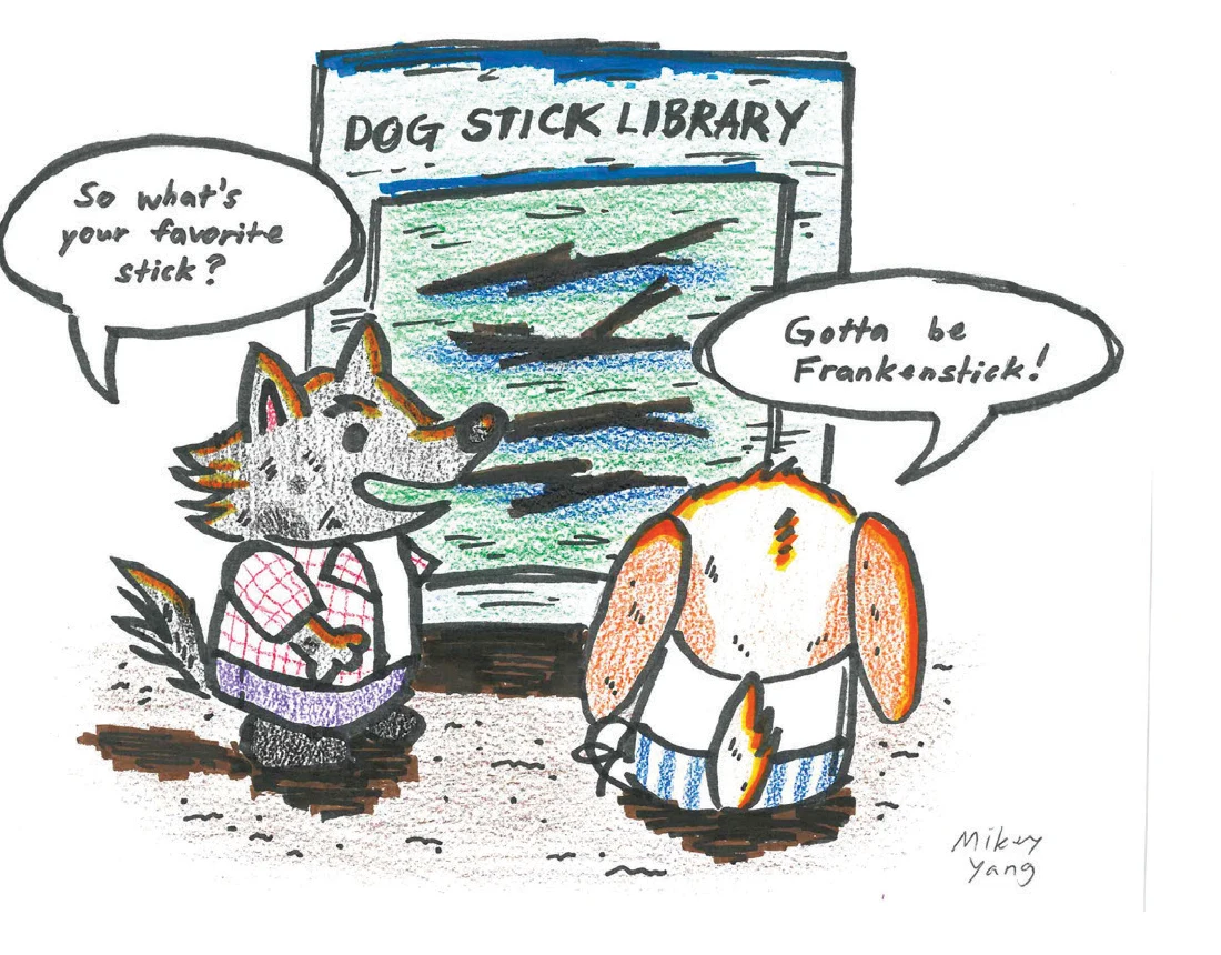 Two dogs trading jokes in front of the neighborhood dog stick library.