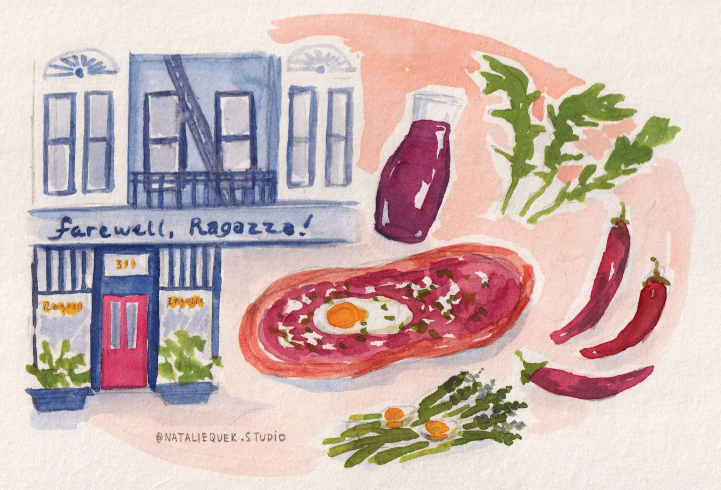 Illustration of Ragazza pizza, vegetables, and storefront.