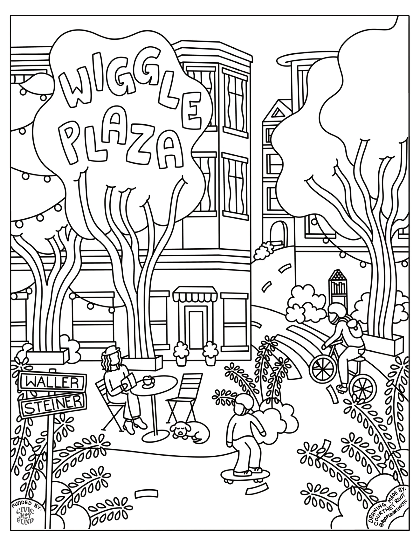 Wiggle Plaza neighborhood coloring-page illustration.