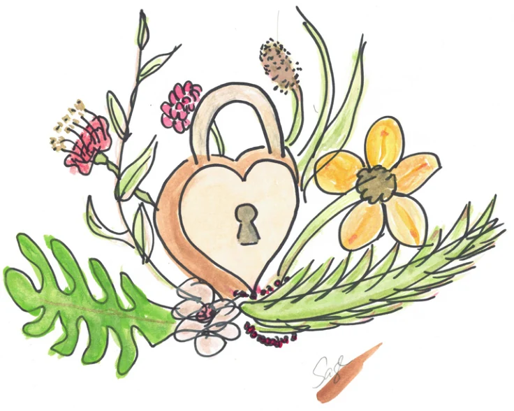 Illustration of a heart-shaped garden lock and plants.