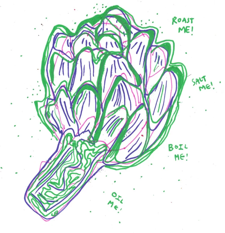 Illustrations of artichoke and other produce for the December seasonal produce column.