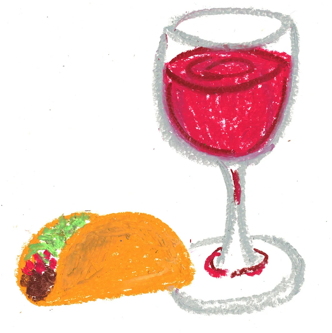 Taco and wine illustration, as printed