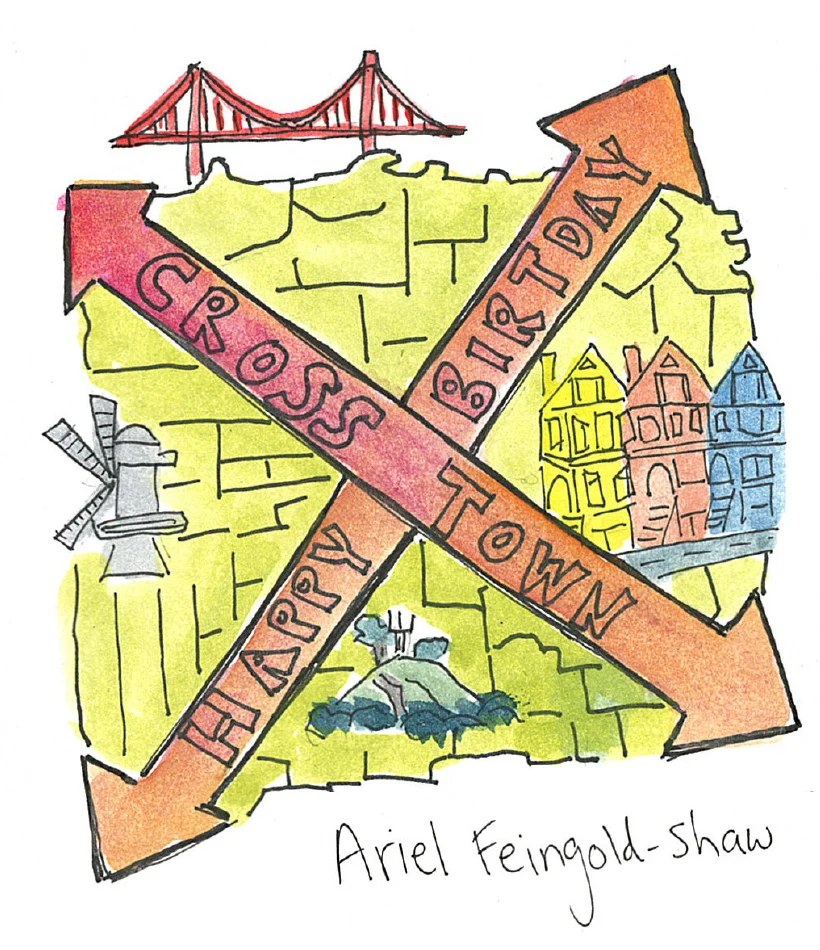Hand-drawn map of San Francisco crossed by the Crosstown and Happy Birthday routes.