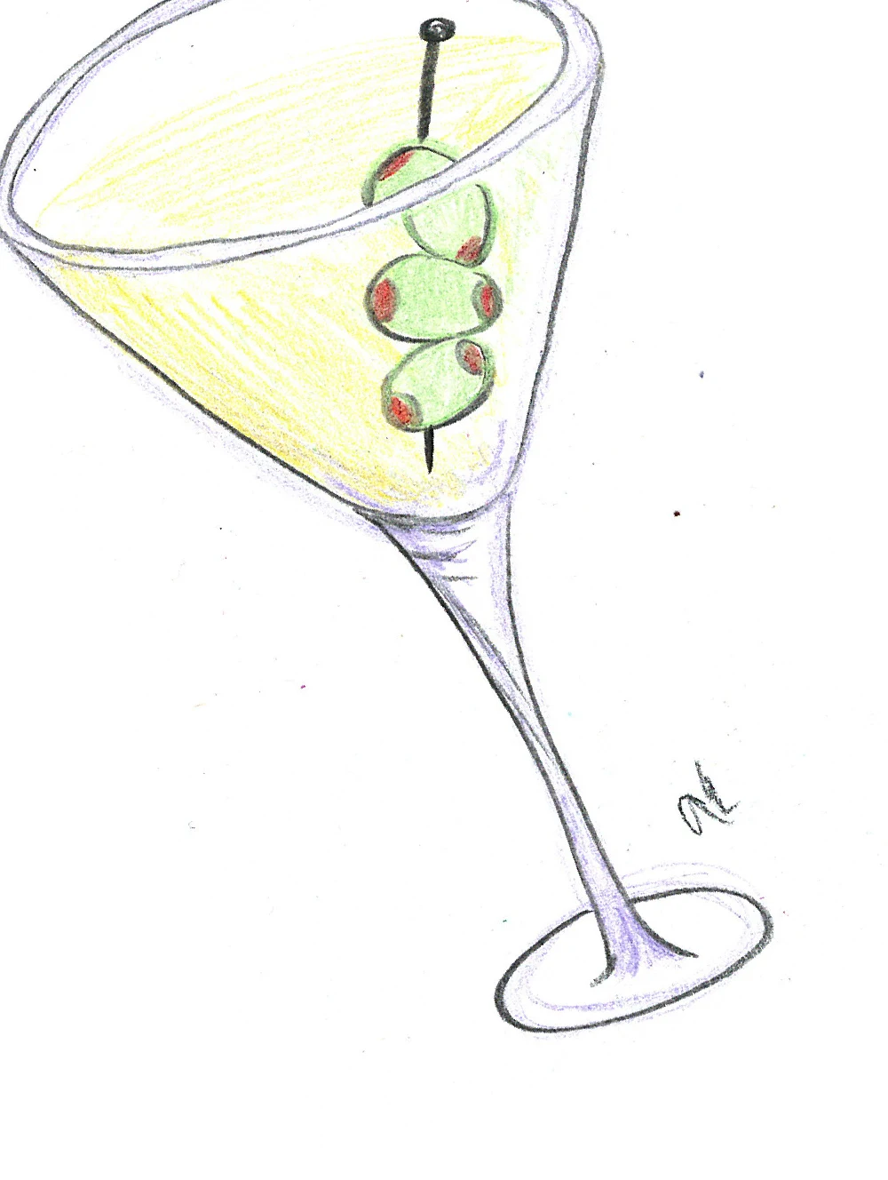 Hand-drawn cocktail glass with green olives.