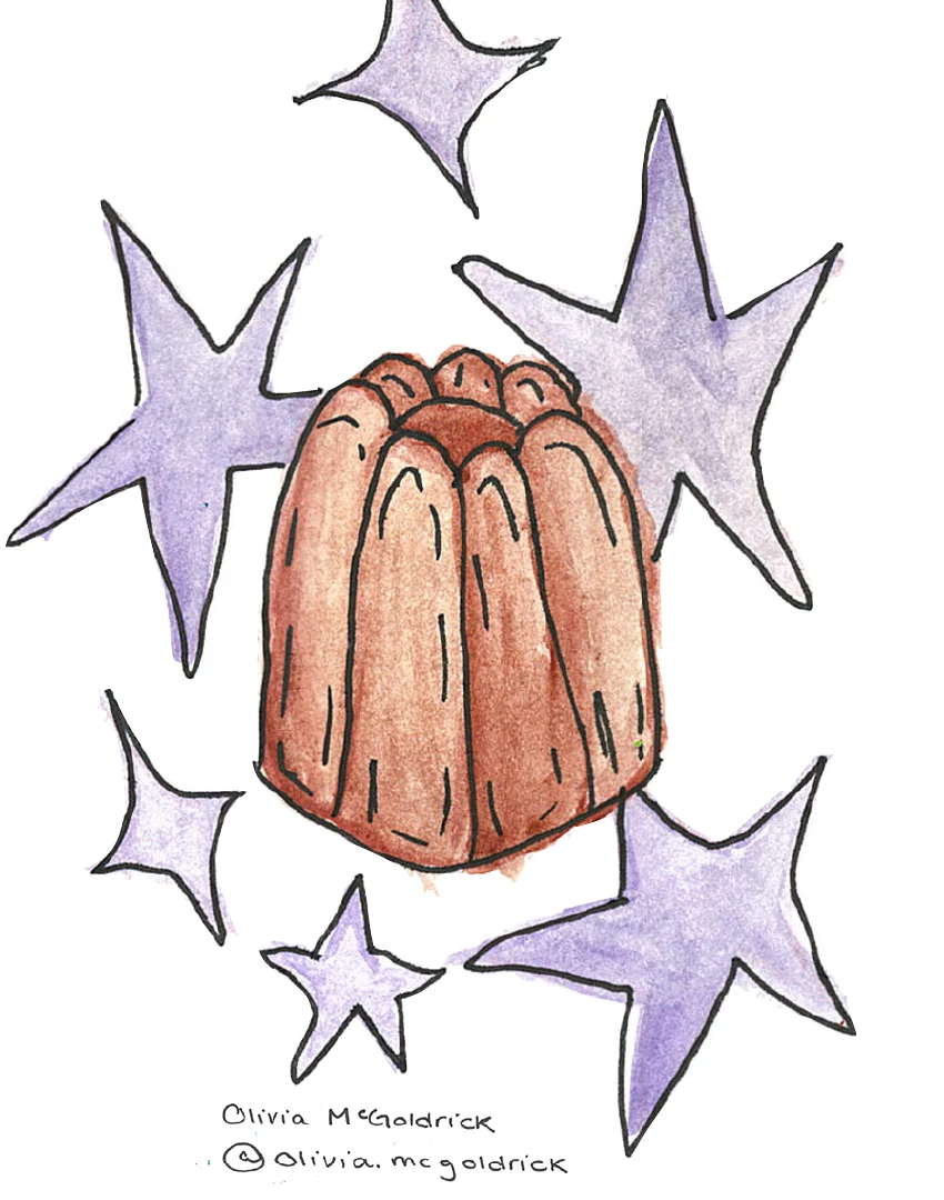 Hand-drawn canele pastry surrounded by purple stars.