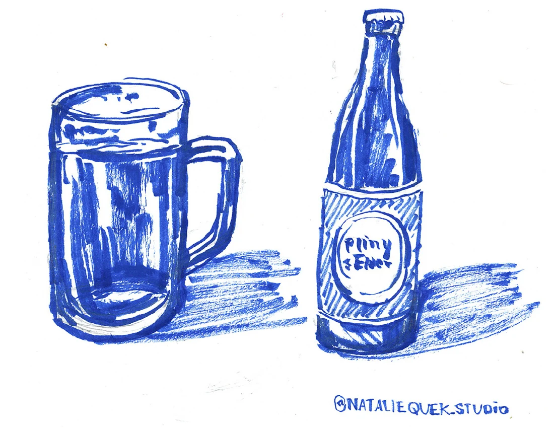 Blue hand-drawn beer glass and bottle for Toronado.
