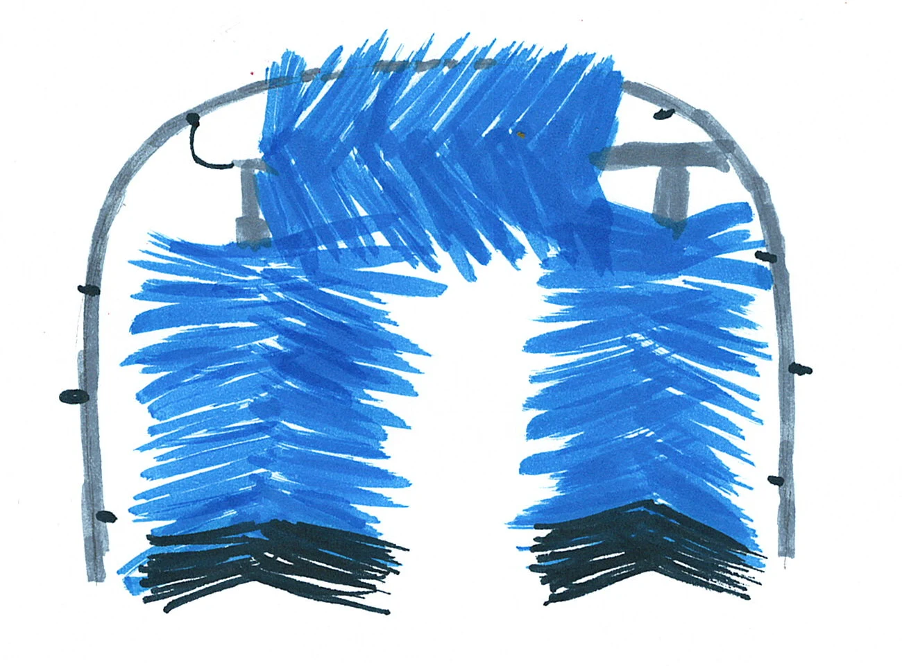 Blue rotating brushes in a hand-drawn car wash.